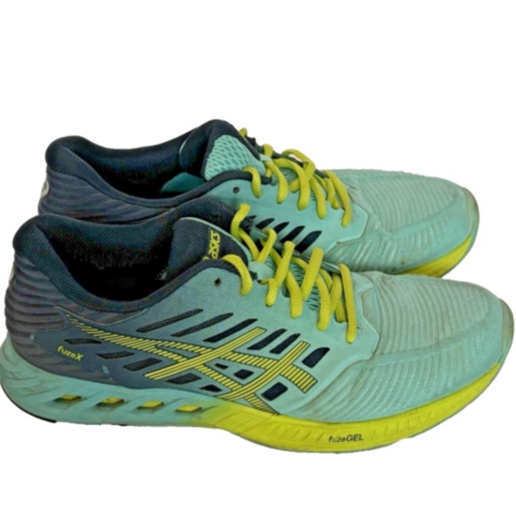 Asics FuzeGel T689N Blue Green Lime Running Shoes Lace Up FuzeX Women's 8.5US - Picture 1 of 13